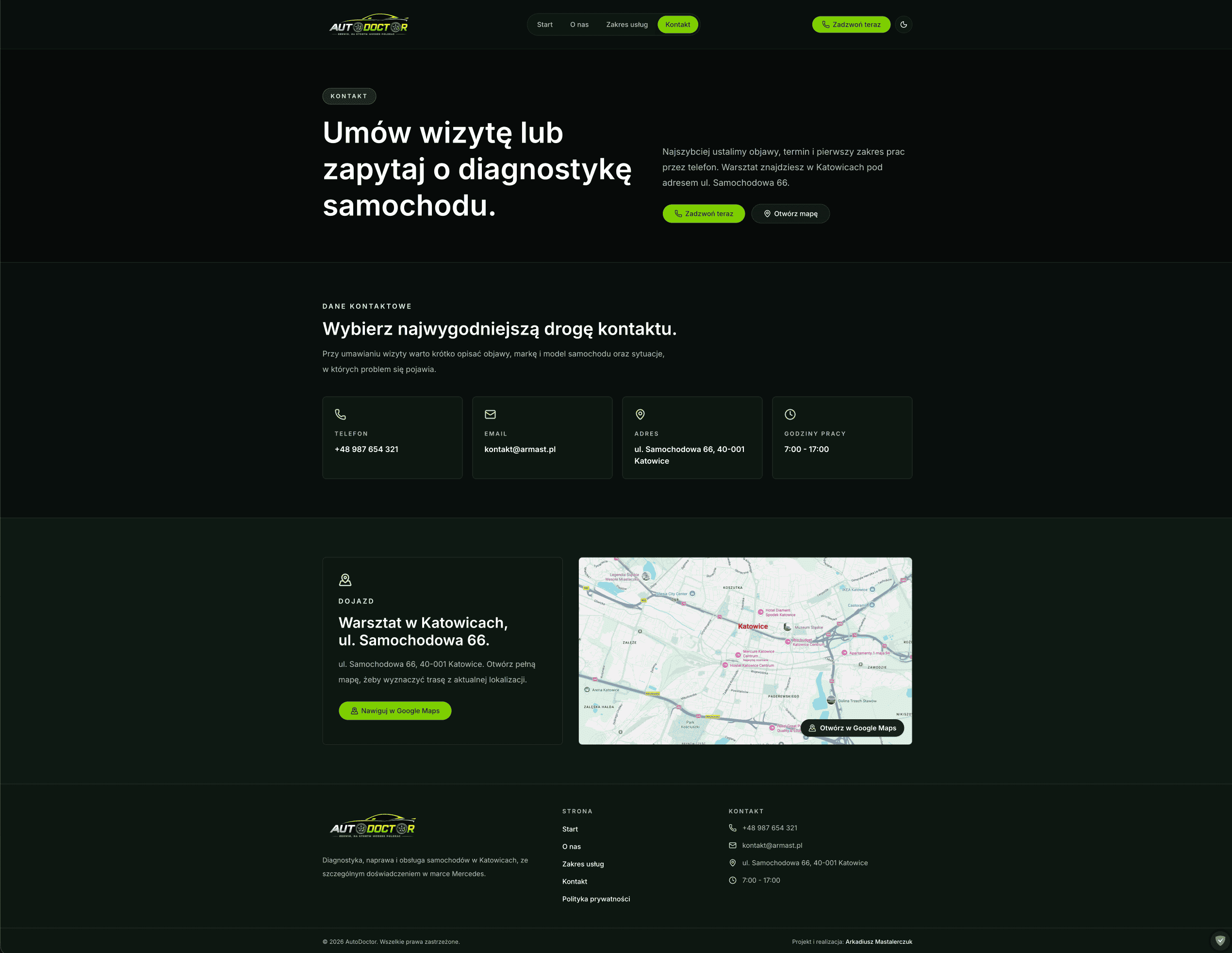 Podstrona kontaktu AutoDoctor w ciemnym motywie
