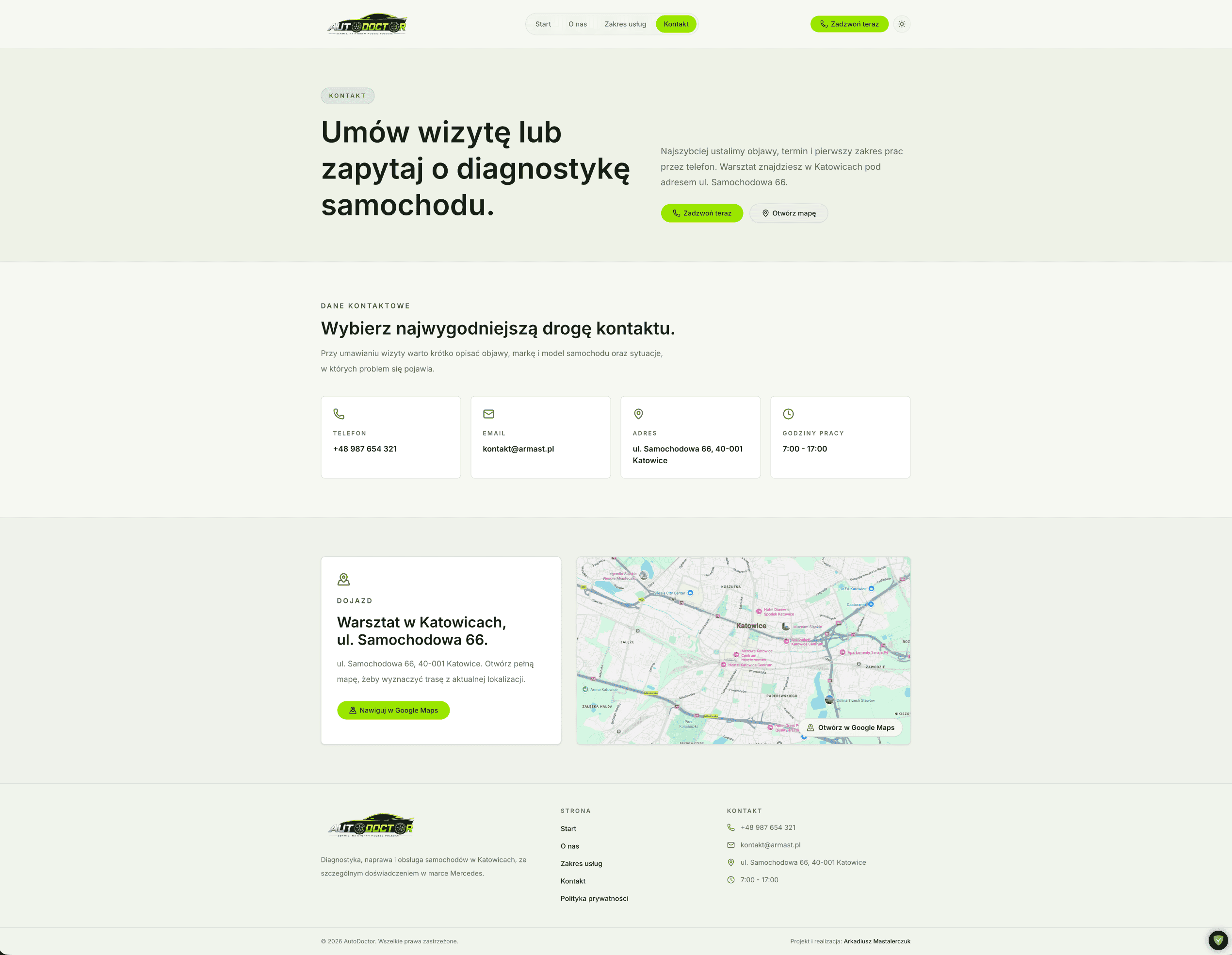 Podstrona kontaktu AutoDoctor w jasnym motywie