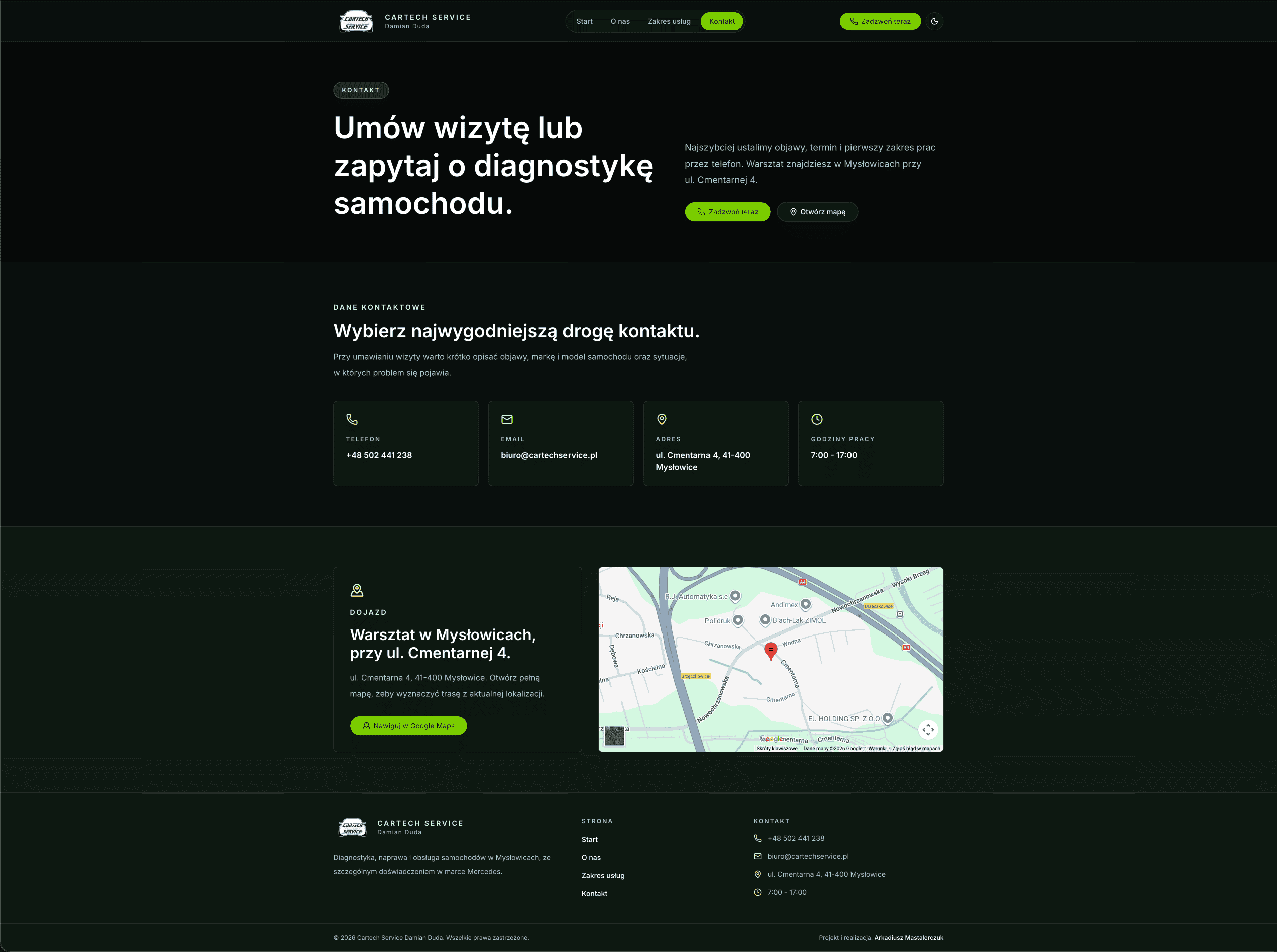 Podstrona kontaktu Cartech Service w ciemnym motywie