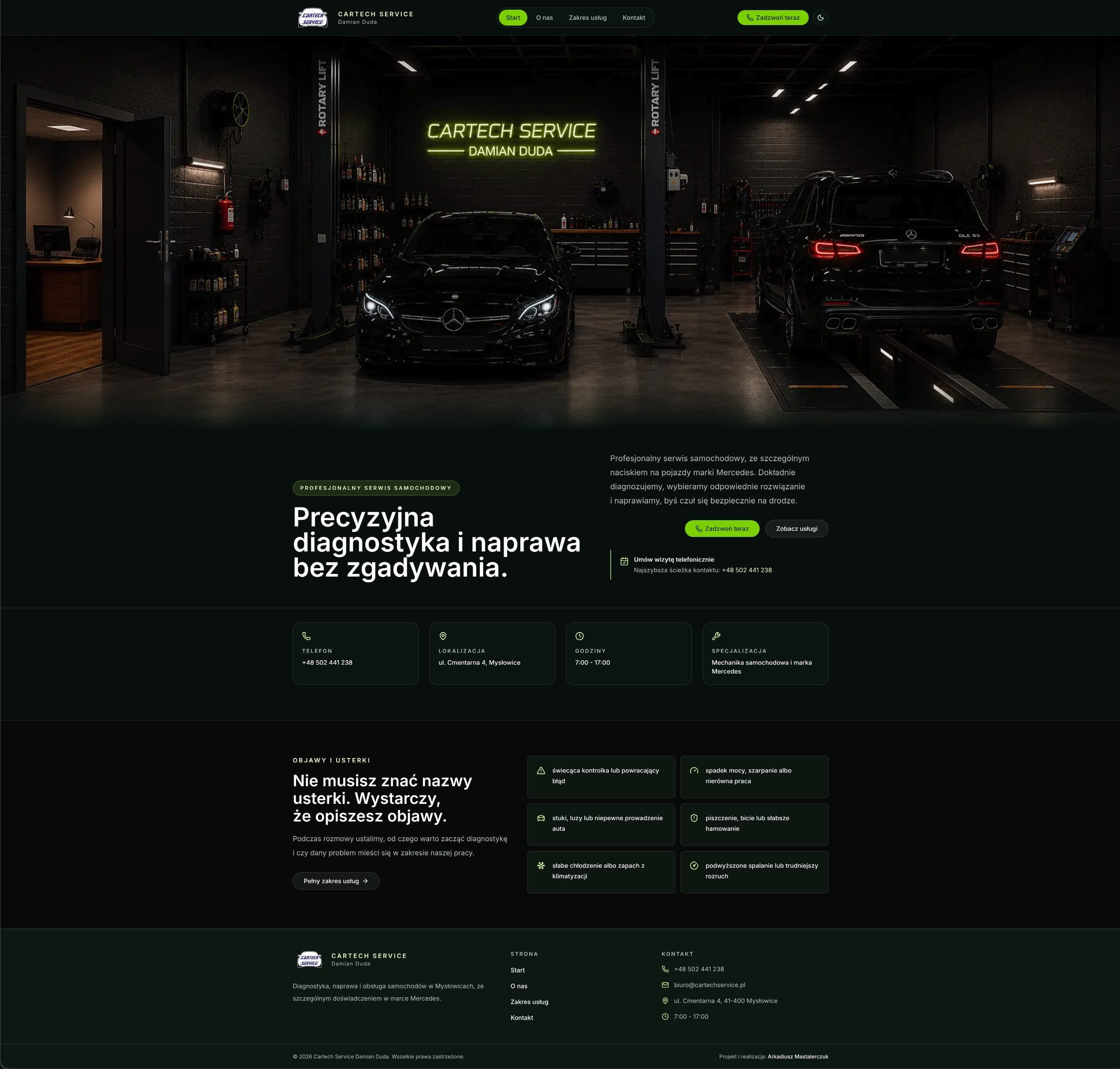 Strona główna Cartech Service w ciemnym motywie