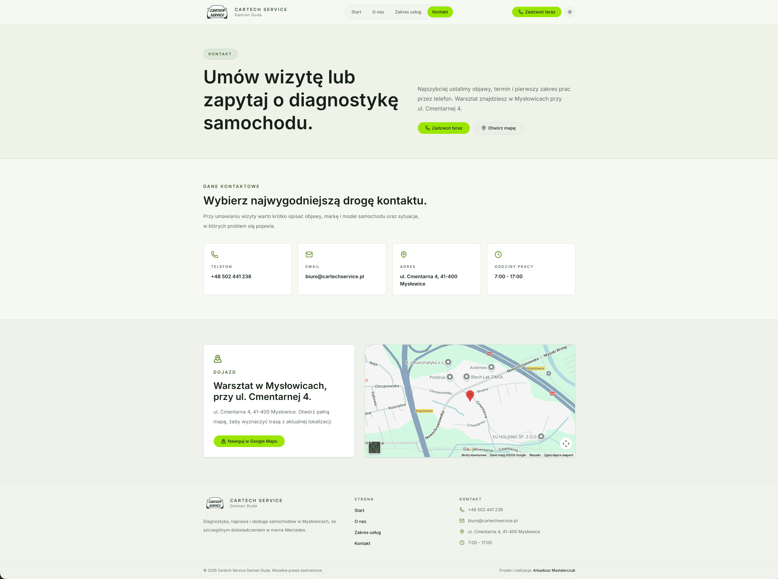 Podstrona kontaktu Cartech Service w jasnym motywie
