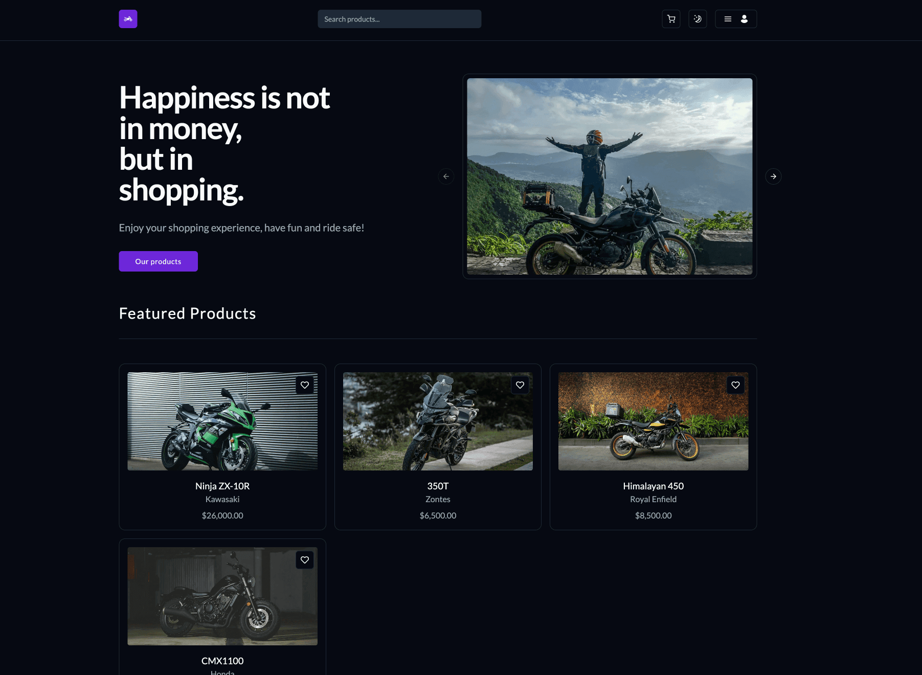 Podgląd strony głównej MotoStore w ciemnym motywie